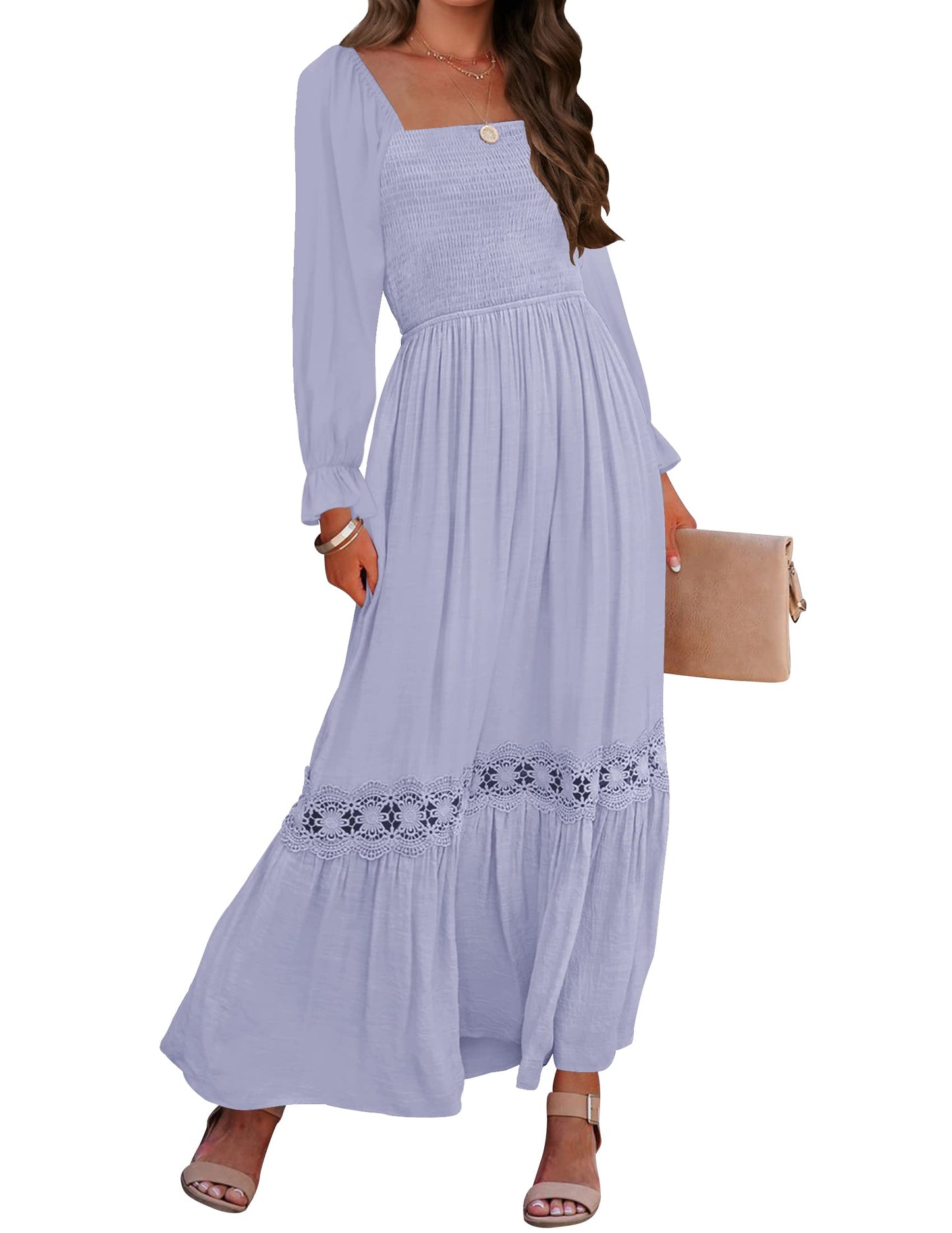 ZESICA Women's 2024 Boho Long Sleeve Square Neck Smocked High Waist Flowy A Line Lace Trim Maxi Dress