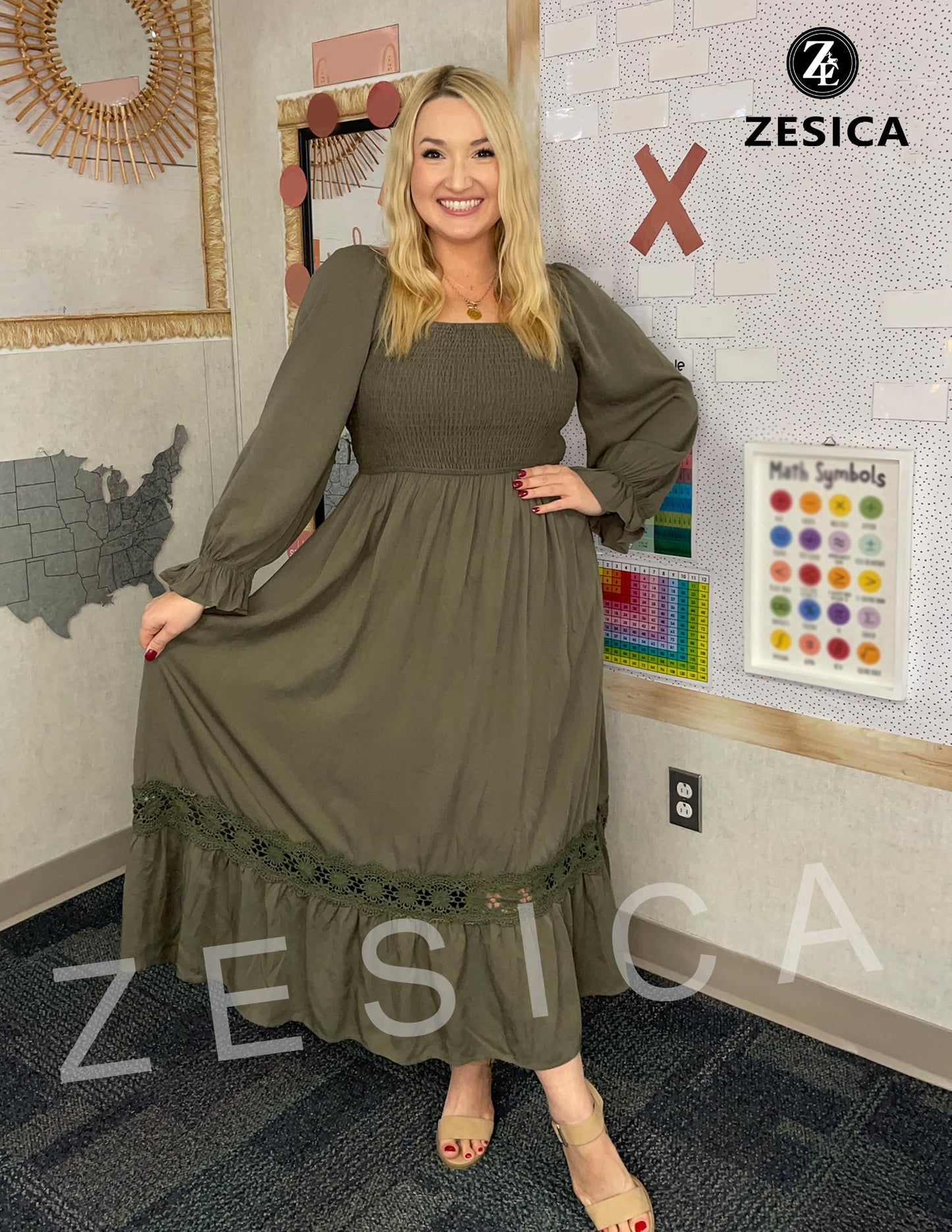 ZESICA Women's 2024 Boho Long Sleeve Square Neck Smocked High Waist Flowy A Line Lace Trim Maxi Dress