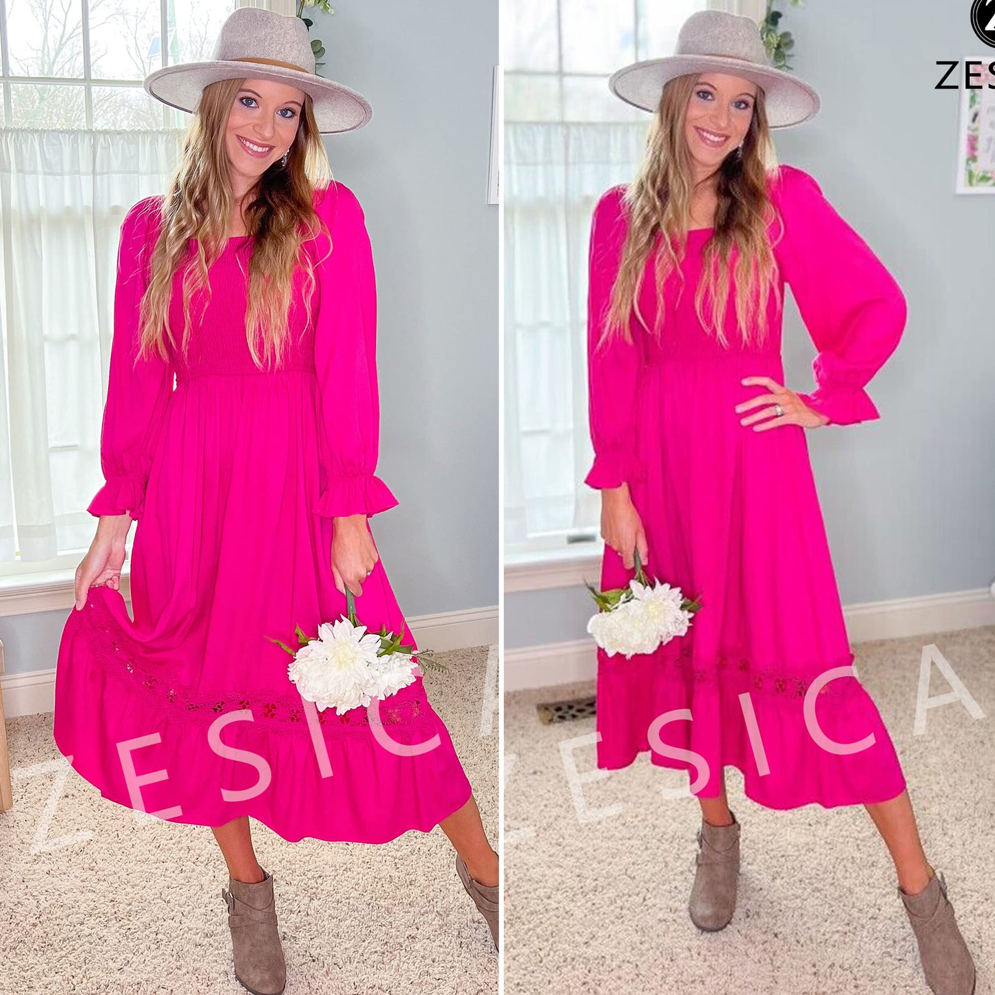 ZESICA Women's 2024 Boho Long Sleeve Square Neck Smocked High Waist Flowy A Line Lace Trim Maxi Dress