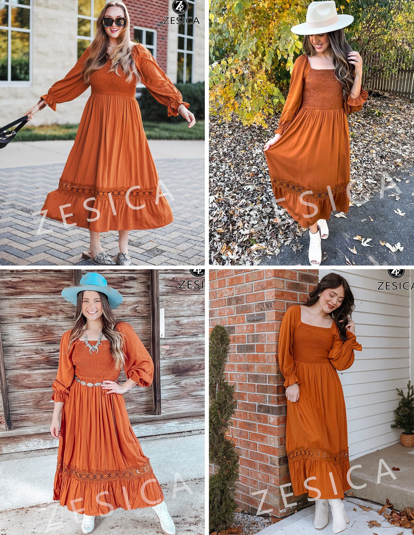 ZESICA Women's 2024 Boho Long Sleeve Square Neck Smocked High Waist Flowy A Line Lace Trim Maxi Dress